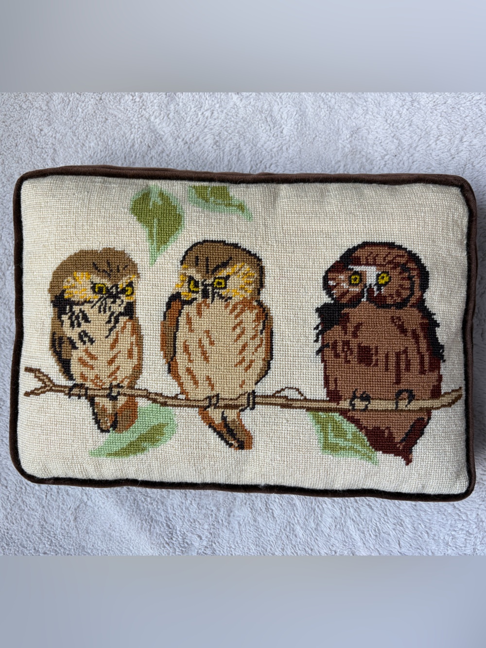 Vintage Needlepoint Owl Pillow in Cream, Brown, Green